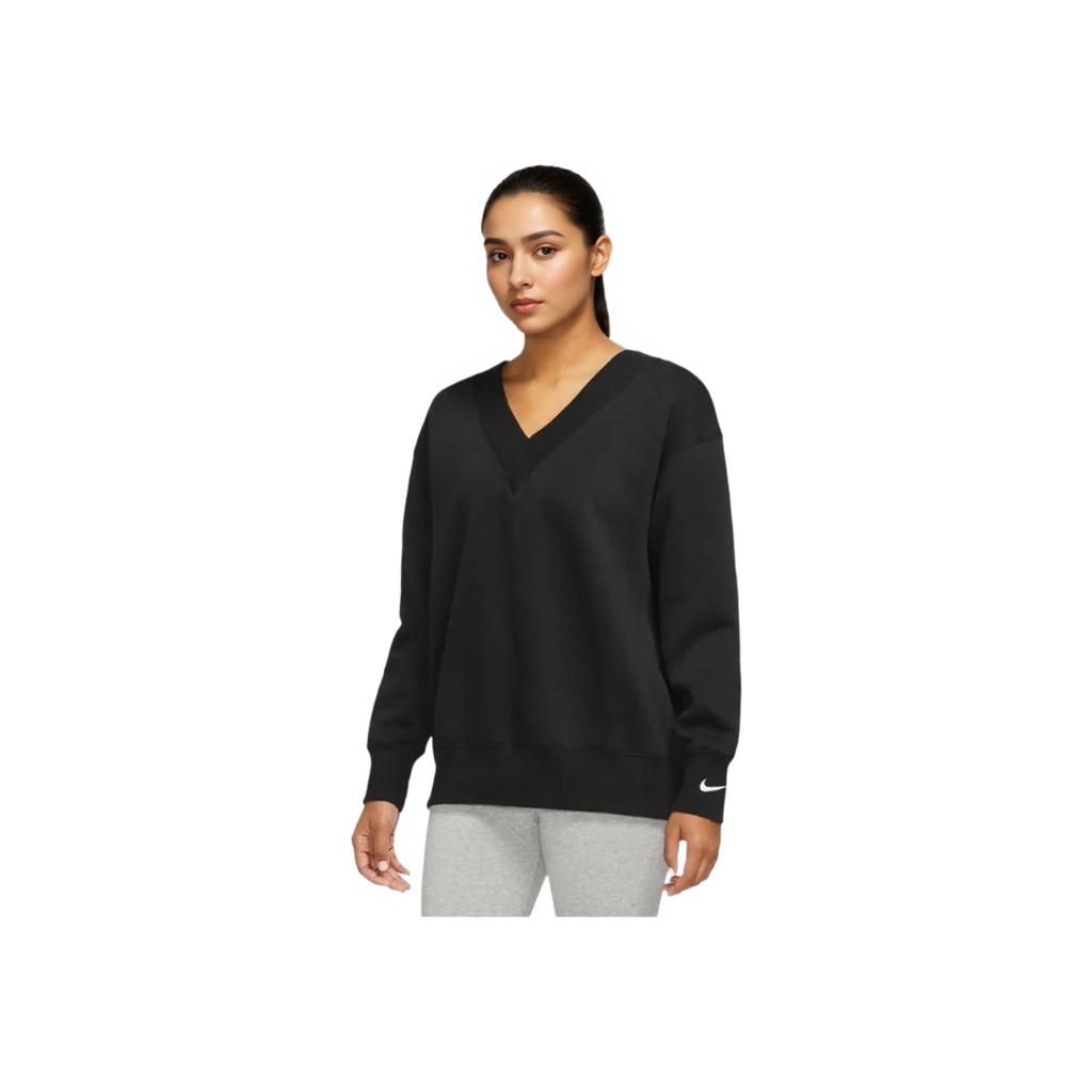 Nike Solid Color Knitted V-Neck Long Sleeve Sweater Women Sweater Black FB8318-010