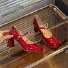 2025 spring and autumn new patent leather single shoes French retro word with sexy high heels waterproof table round head thick heel women