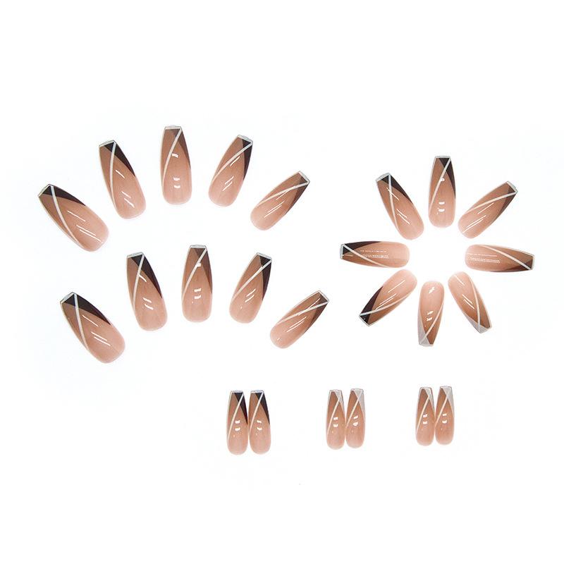 Künstliche Nägel Japanische lange Herbst- und Winter-Nagelkunst Einfache Linien Französische Khaki-Farbverlaufsnägel