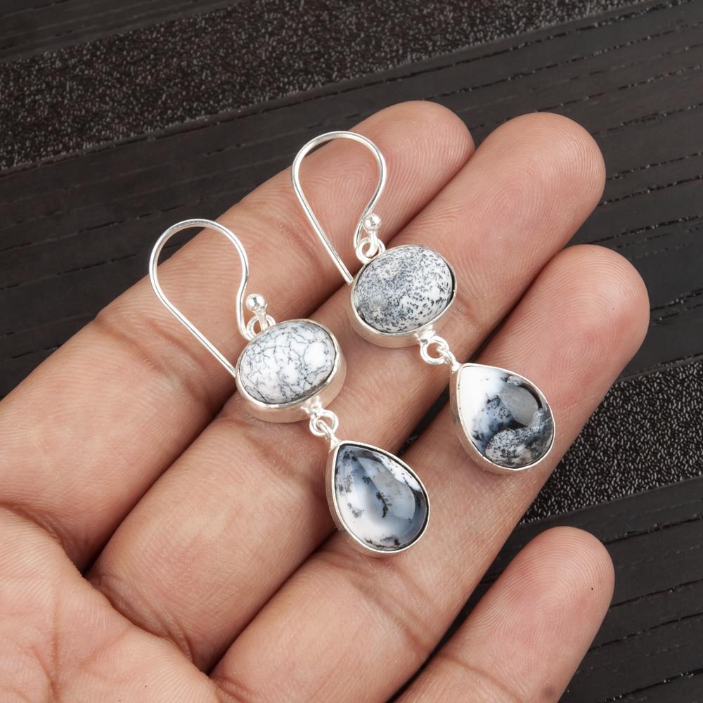 Dendritic Opal Gemstone Jewelry, Handmade Silver Earrings, 925 Sterling Silver Meditation Jewelry Grandma Gift For Women