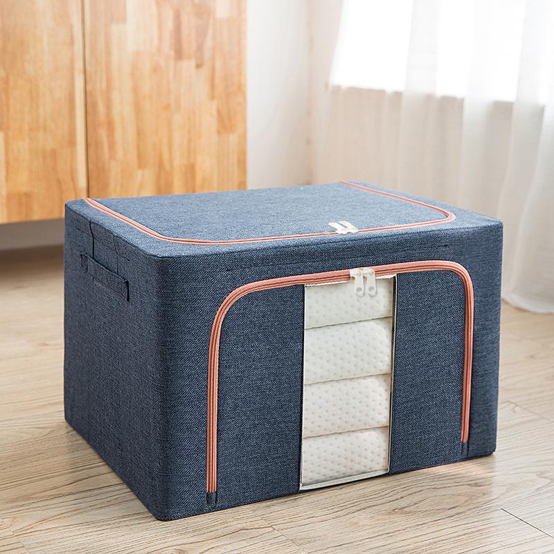 Large Capacity Foldable Storage Box, Cotton Linen Organizer with Steel Frame for Home Quilts and Clothes