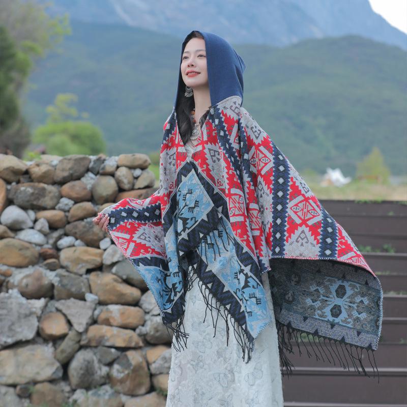 Women's Ethnic Style Hooded Shawl Cloak, Geometric Design for Autumn/Winter, Ideal for Tibet, Qinghai, Yunnan Travel