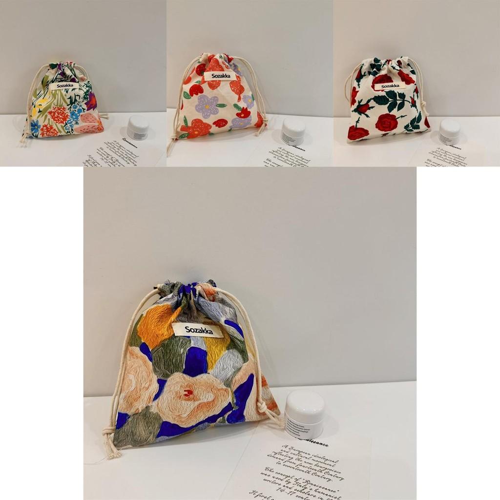 Stylish Japanese Portable Makeup Bag Floral Canvas Drawstring Cosmetic Pouch For Women