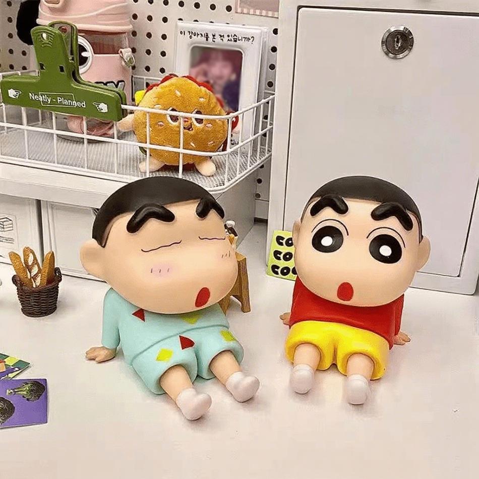 Crayon Shin Chan Anime Figure Phone Holder Kawaii Cartoon Desk Ornament Watching Tv Phone Stand Collectible Figurine Home Decor