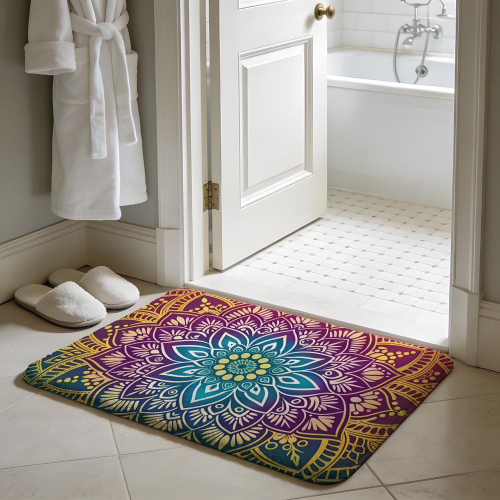Colorful Mandala Boho Floor Mat Soft Flannel Absorbent Mat Non-Slip Rug Home Bedroom Bathroom