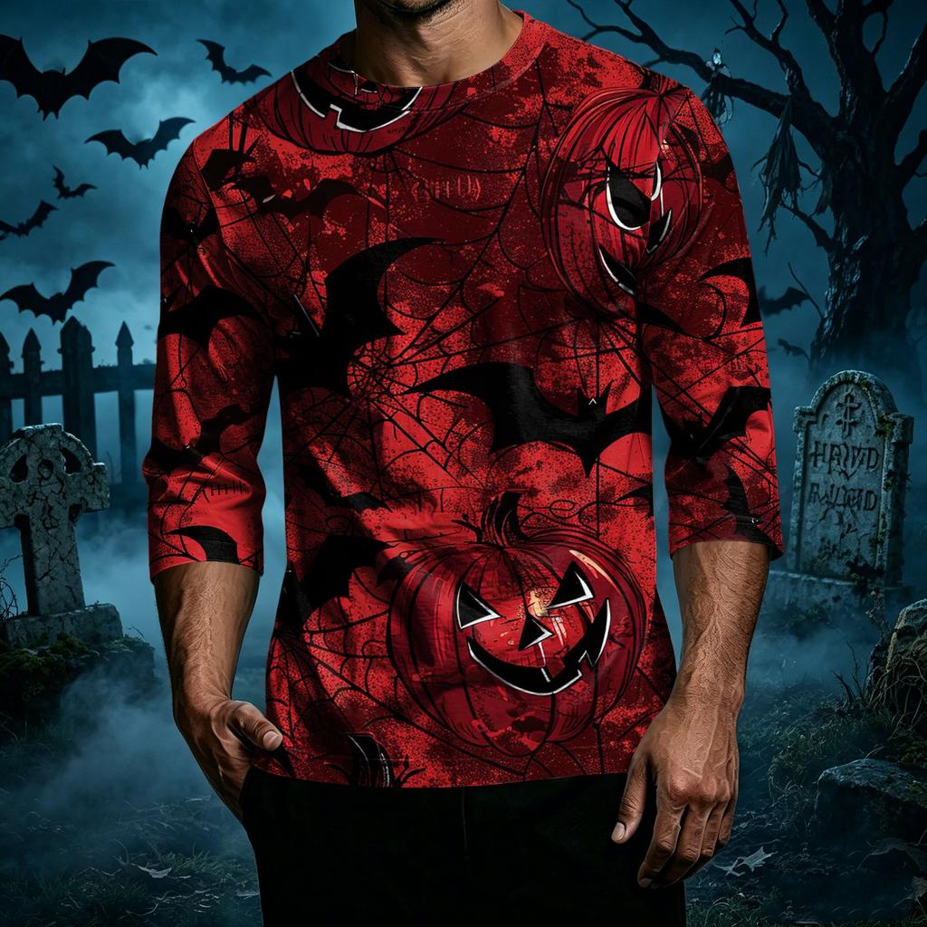 Men Casual Halloween Print Crew Neck T Shirt Three Quarter Sleeve Top Lightweight Comfortable Fit