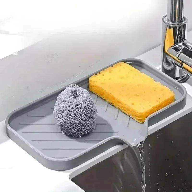 New With Drain Soap Sponge Storage Holder Countertop Sink Scrubber Brush Storage Rack Kitchen Organizer Sink Silicone Tray