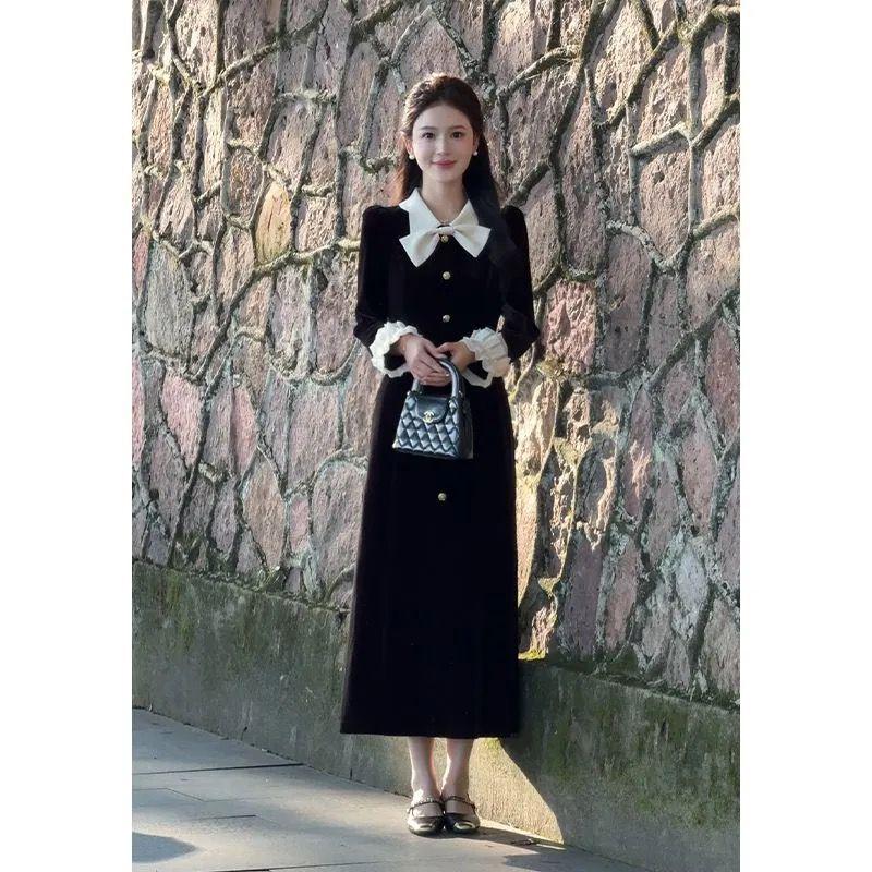 Elegant Plus Size Winter Midi Dress with Bowknot - Waist-Cinched and Warm M for 40-50kg