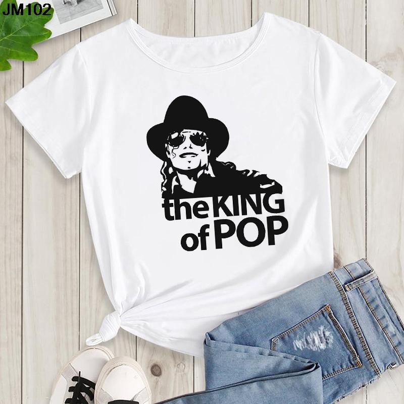 Womens Summer Shirt Pop King Michael Jackson Womens Printed Shirt Harajuku Casual White Top Womens Trendy Rock Shirt