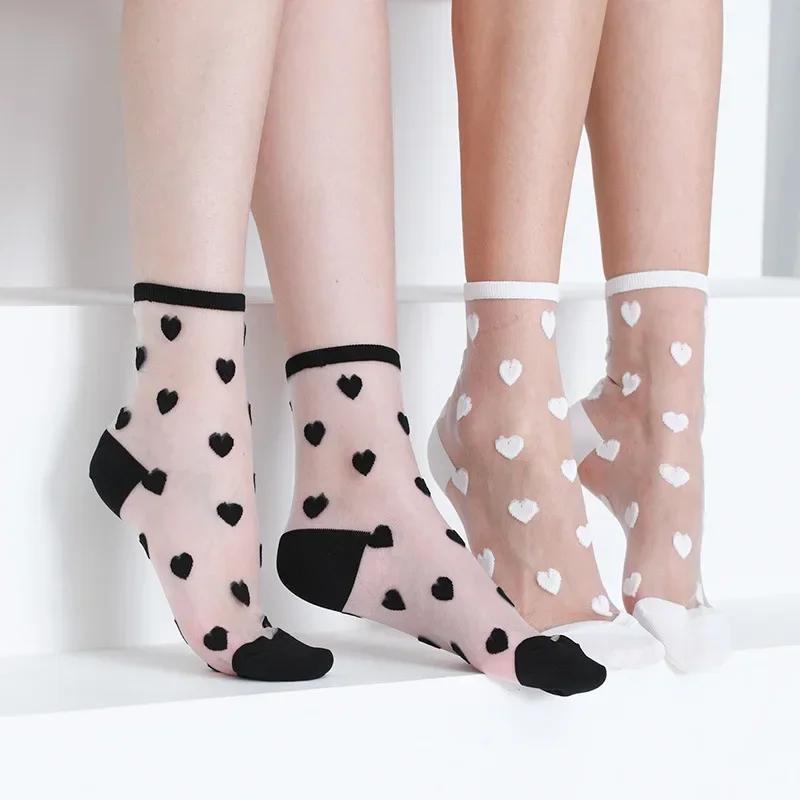 Women Ladies Spring Thin Classic Boat Socks Summer Breathable Plaid Stripes Dots Transparent Women Crystal Silk Japanese Socks