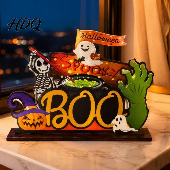 Holiday Desktop Layout Ornaments Halloween Tabletop Decor Signs Pumpkin Ghost Gnome Wood Centerpiece Blocks Spooky Cartoon Style Figures Party