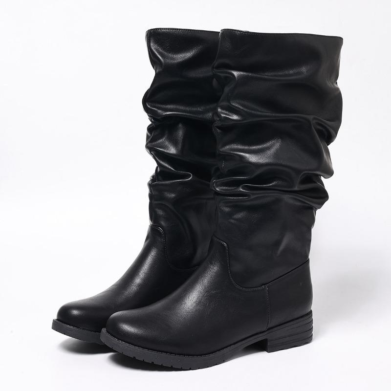 Women's Solid Color Leather Boots, Chunky Heel Knee High Riding Boots, Wrinkled Casual Knight Boots for Women