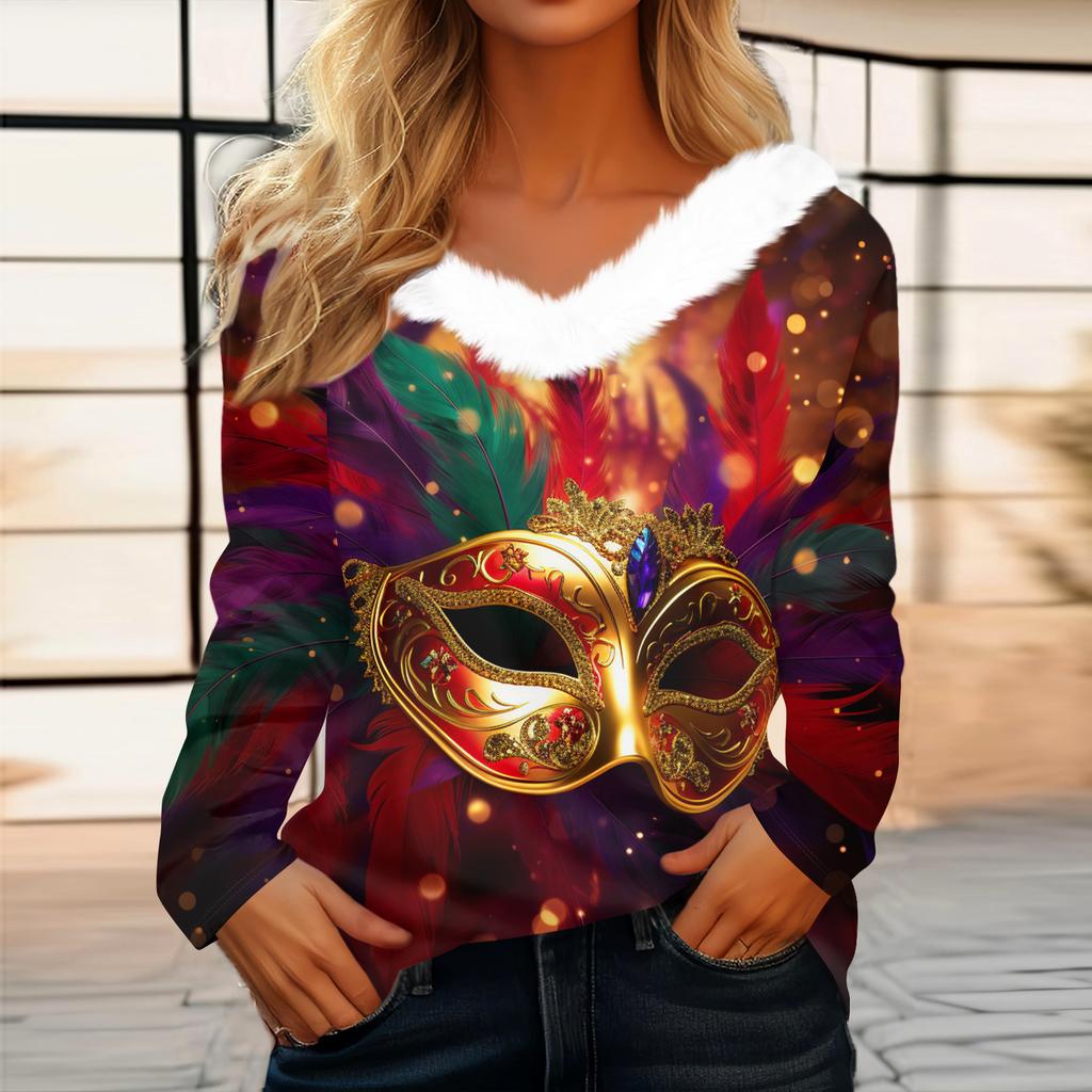 Dámský volný ležérní top s dlouhým rukávem a potiskem, plyšový límec ve tvaru V, top s dlouhým rukávem