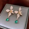 Silver Needle New Chinese Zircon Leaf Water Drop Earrings Light Luxury Premium Sense Earrings Retro Court Style Temperament Earrings Women
