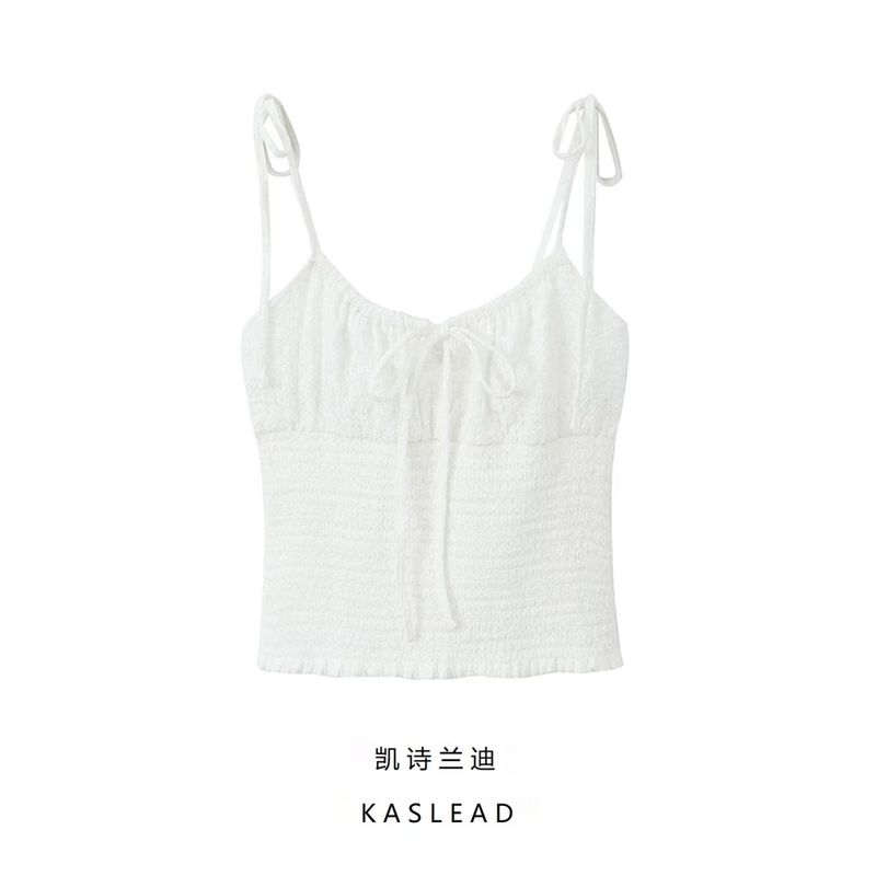 Kaslead New Arrival Women's Clothing Fashion Style Fashion Casual Minimalist French Embroidery Waist Trimming Spaghetti Straps Short Tops