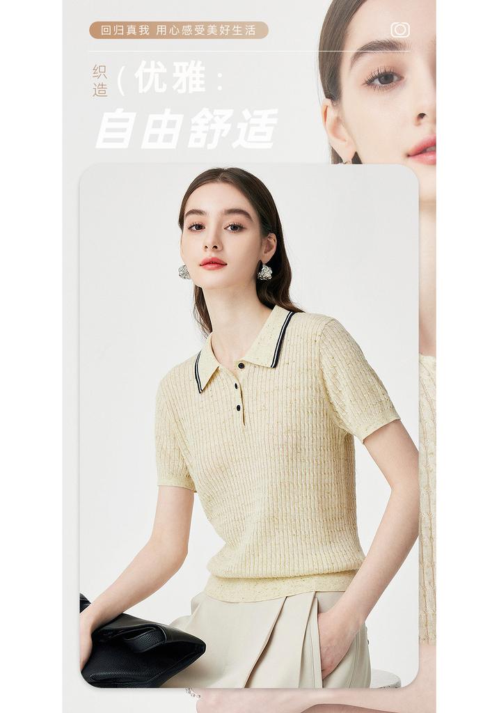 Fashion Color Dot Design: Summer Collar, Age Reducing, Soft, Skin Friendly, Multi Colored Knitted Short Sleeve Sweater with Wool for Women