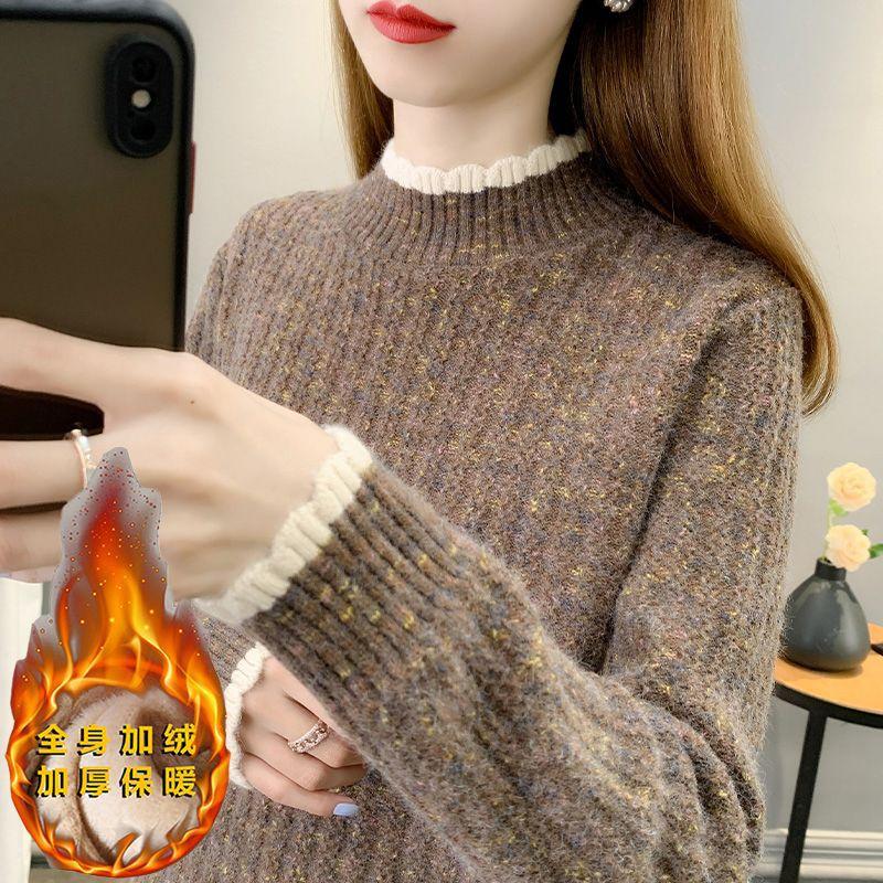 Fleece thickened semi-turtleneck bottoming shirt for women's inner wear autumn and winter 2 new loose and versatile sweater knitted sweater