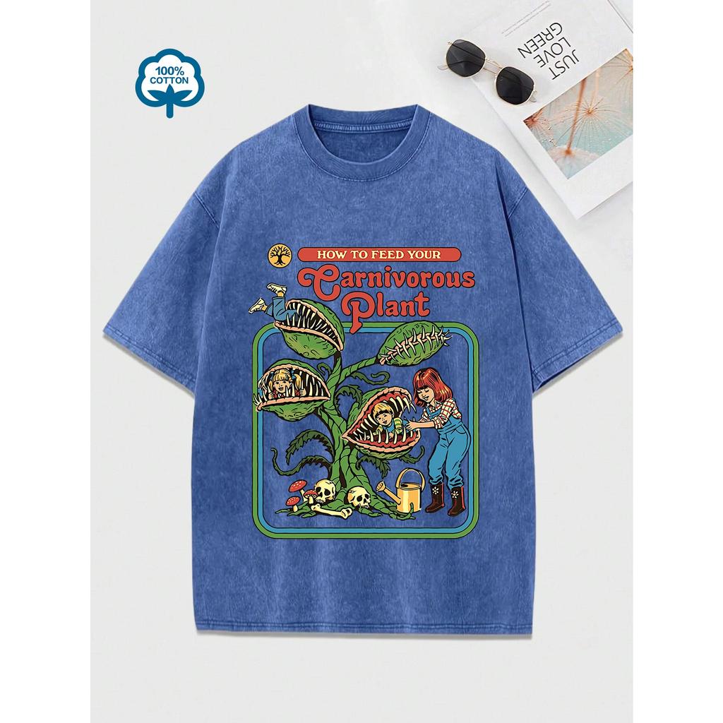 Chomper Comic Pattern Print Women Washed Tshirts Summer T-Shirt Breathable O-Neck Distressed Tee Shirts Soft Cotton Tops