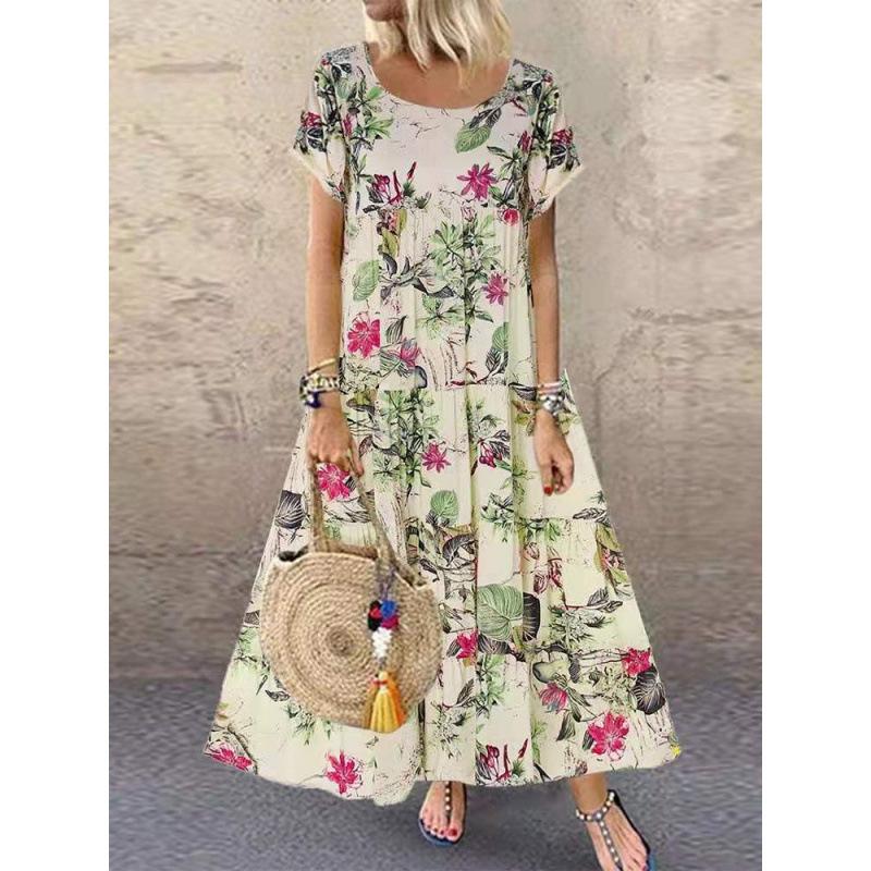 Women s Retro Floral Print Short Sleeve Crew Neck Dress Women S