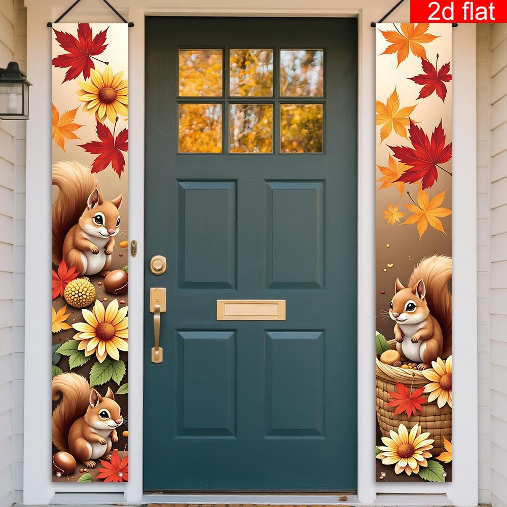 Fall Thanksgiving Porch Sign Cartoon Squirrel Nut 1 Pair Polyester Indoor Outdoor Decor