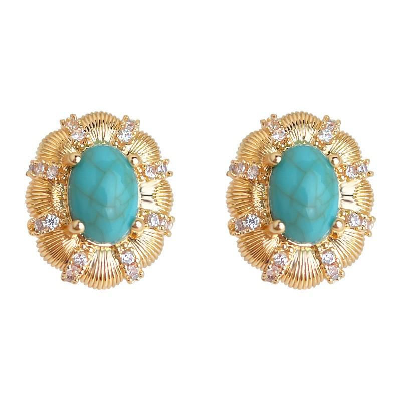 Vintage Turkusowe Cyrkoniowe Owalne Kolczyki Sztyfty - Retro Luksusowa Biżuteria Statement