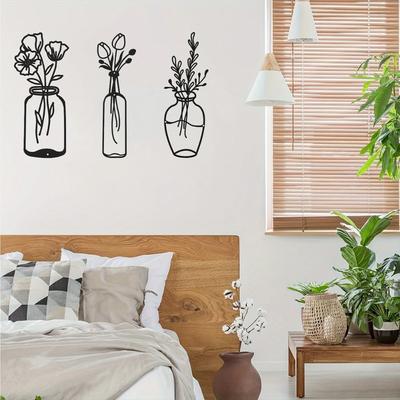 3-teiliges/Set Metall-Blumen-Wanddekor Minimalistisch Schwarze Tulpe Draht Eisenkunst, Blumige Wandskulptur für Küche und Badezimmer