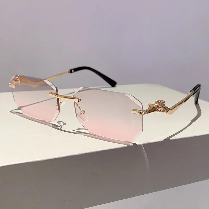 Punk Rimless Vintage Square Sunglasses Women For Men Luxury Brand Designer Sun Glasses Popular Outdoor Metal Leopard Eyeglasses