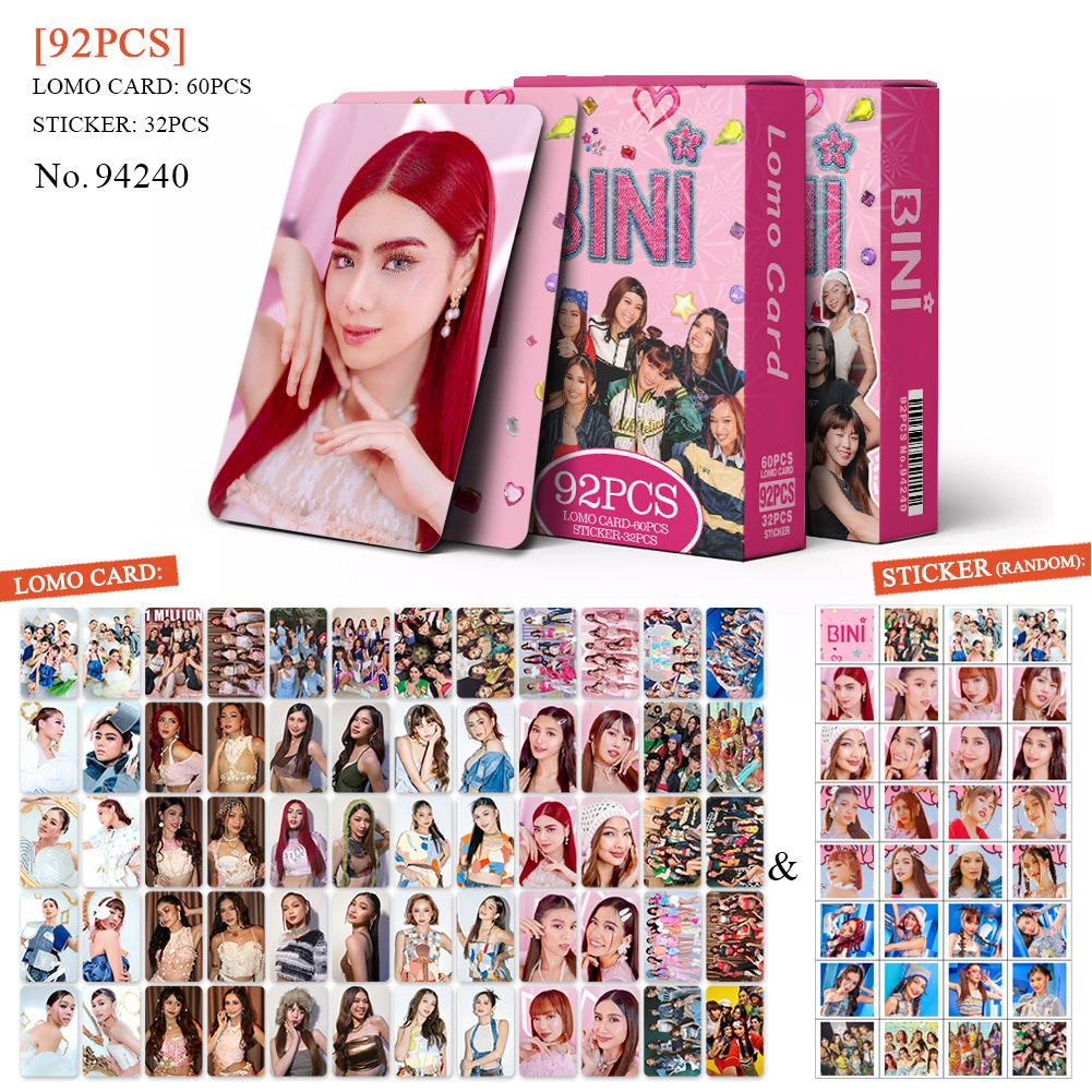 92pcs BINI Photocard Sticker Set Boxed Postcard Double Sides Lomo Cards Collection Gifts For Fans (60photo Cards+32stickers)
