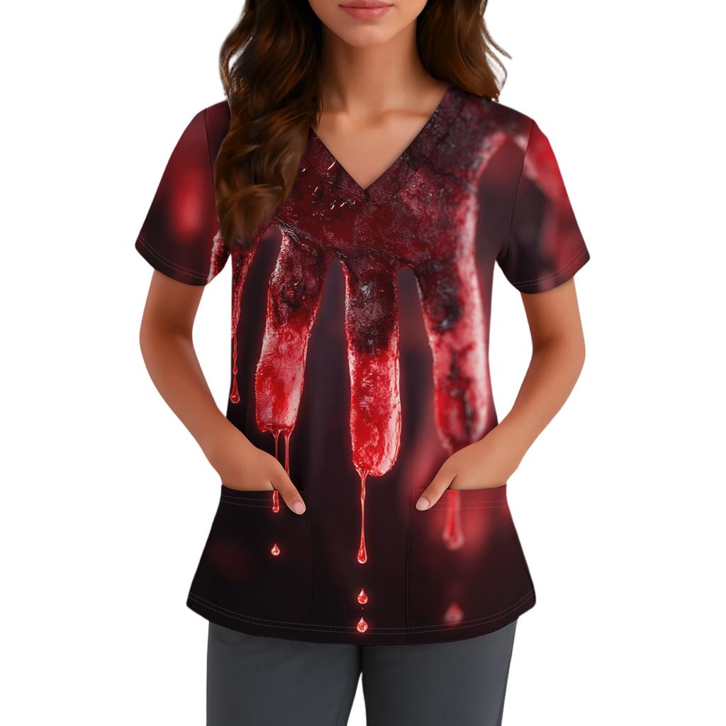 Haut d'uniforme médical à manches courtes et col en V pour femme avec poches Chapeau de sorcière d'Halloween et imprimé Uniforme de travail pour infirmière aide-soignante