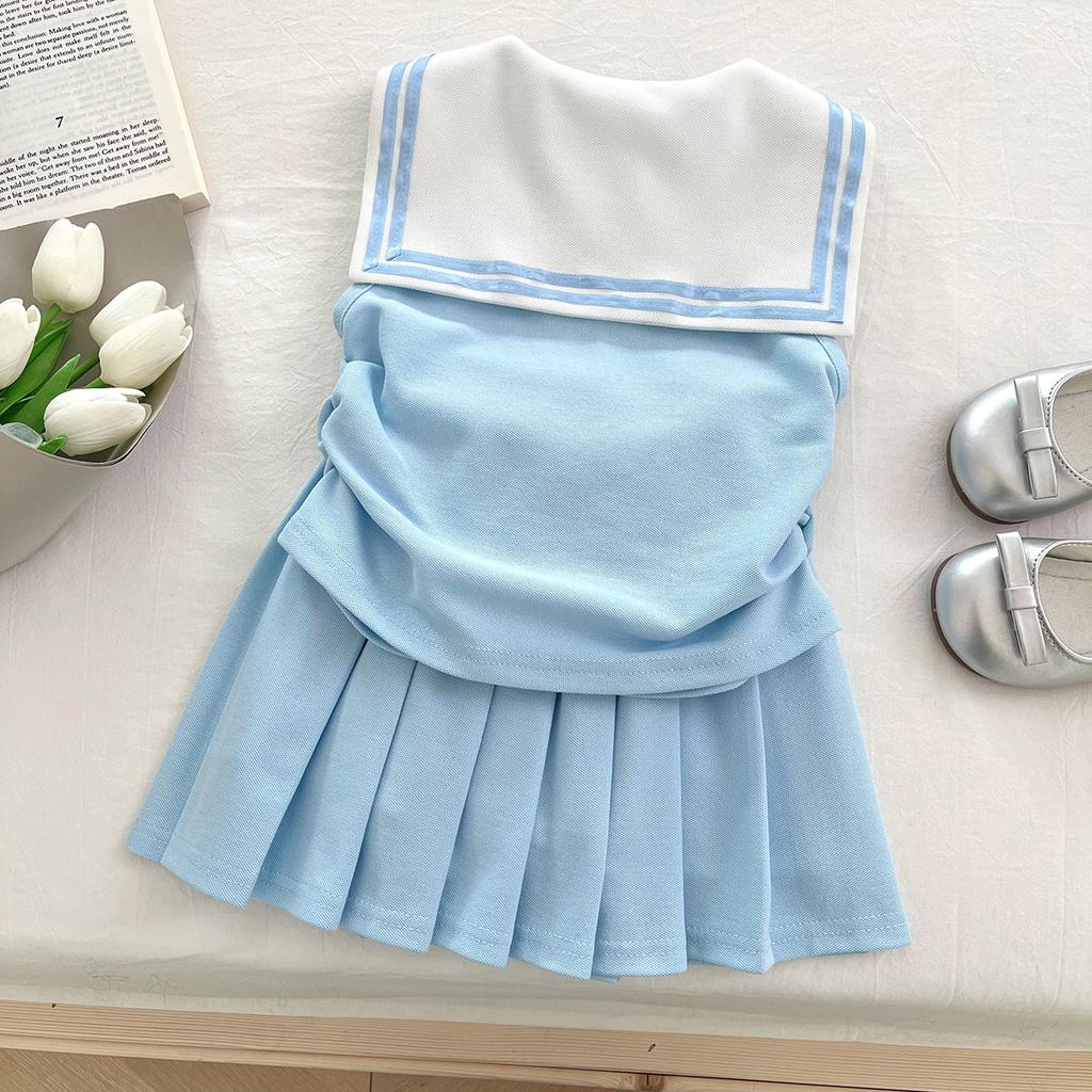 Girls Summer Preppy Bow Shirt And Pleated Skirt Set Fashionable Vest Dress Two Piece Outfit For Kids