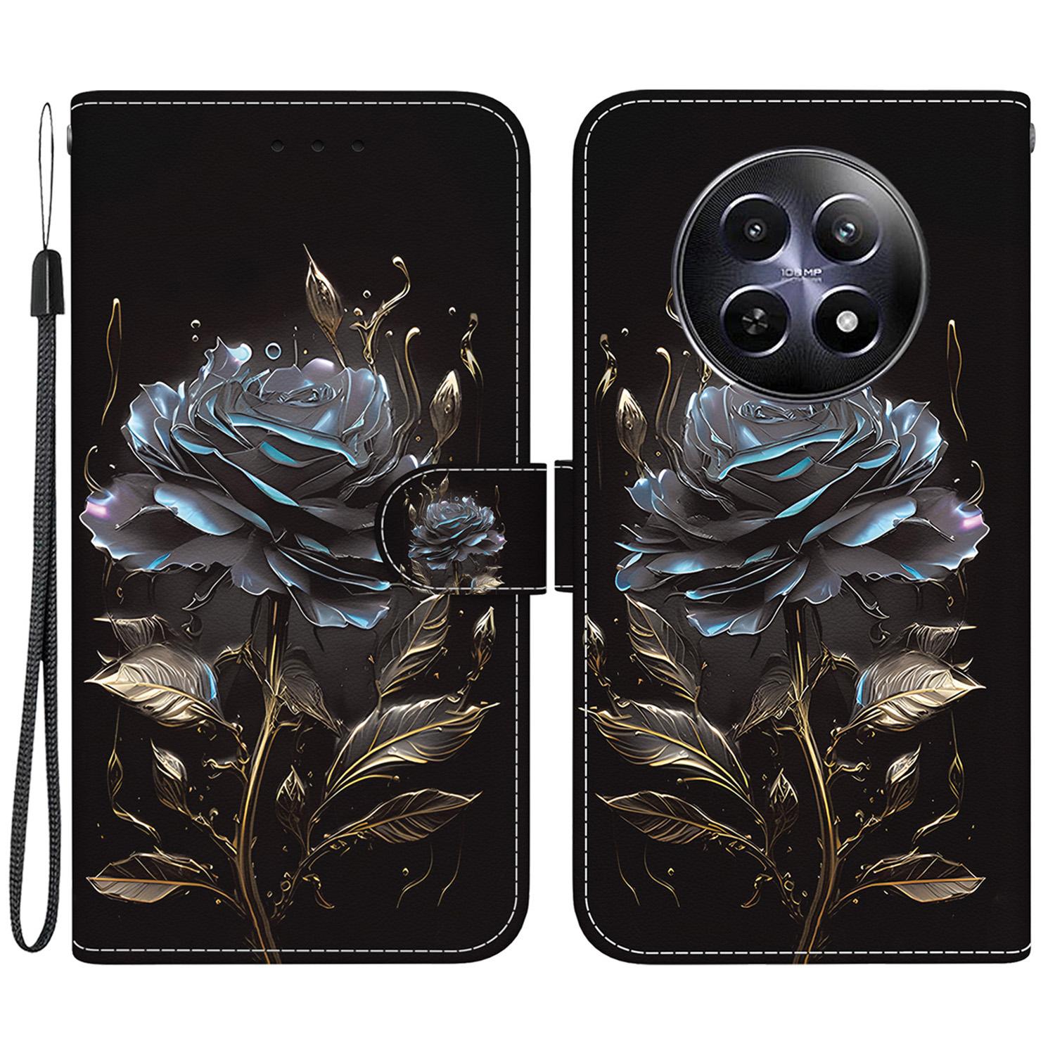 

For Realme 12 5G/12x 5G Wallet Phone Case Pattern Printing Protective Leather Cover Black Rose