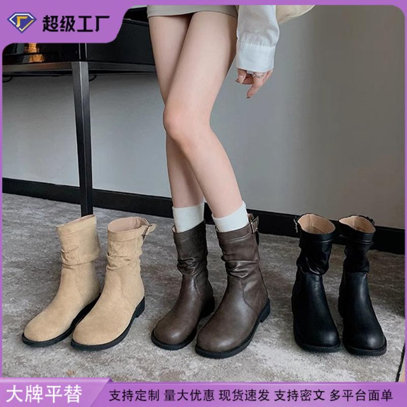 Grape mother autumn and winter new retro short boots Korean version pleated piling boots comfortable thick-soled Martin boots wear thin boots
