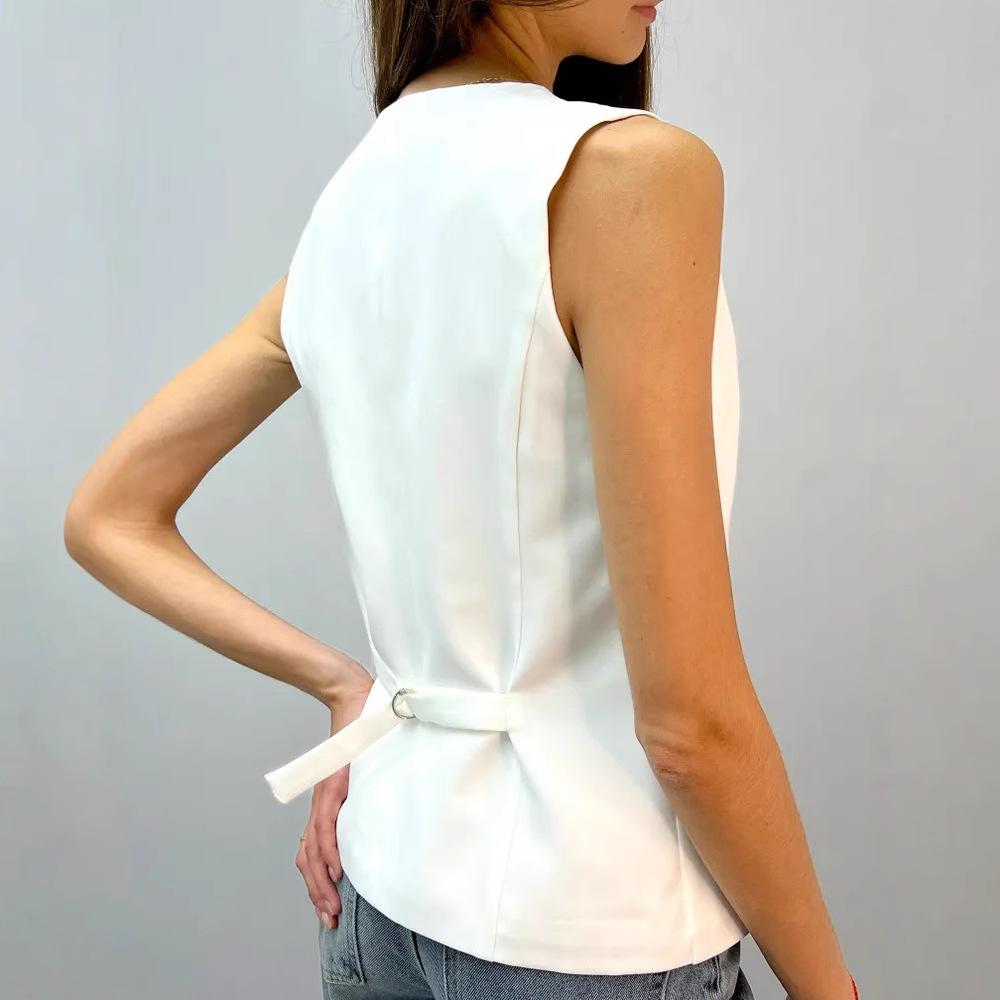 Women White V Neck Button Front Slim Fit Waistcoat Vest