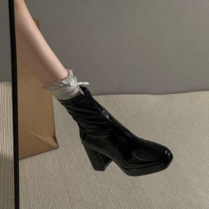 Fashion Temperament Platform High Heel Boots Women's Fashion Round Toe Rear Zipper Patent Leather Shorter Boots