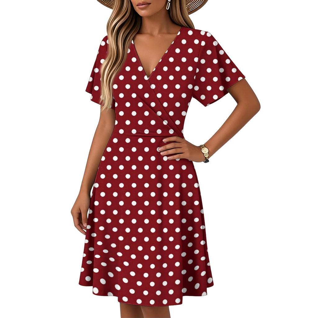 Women’s Flare-Sleeve Short-Sleeve Casual Dress Polka-Dot Printed V-Neck Dress