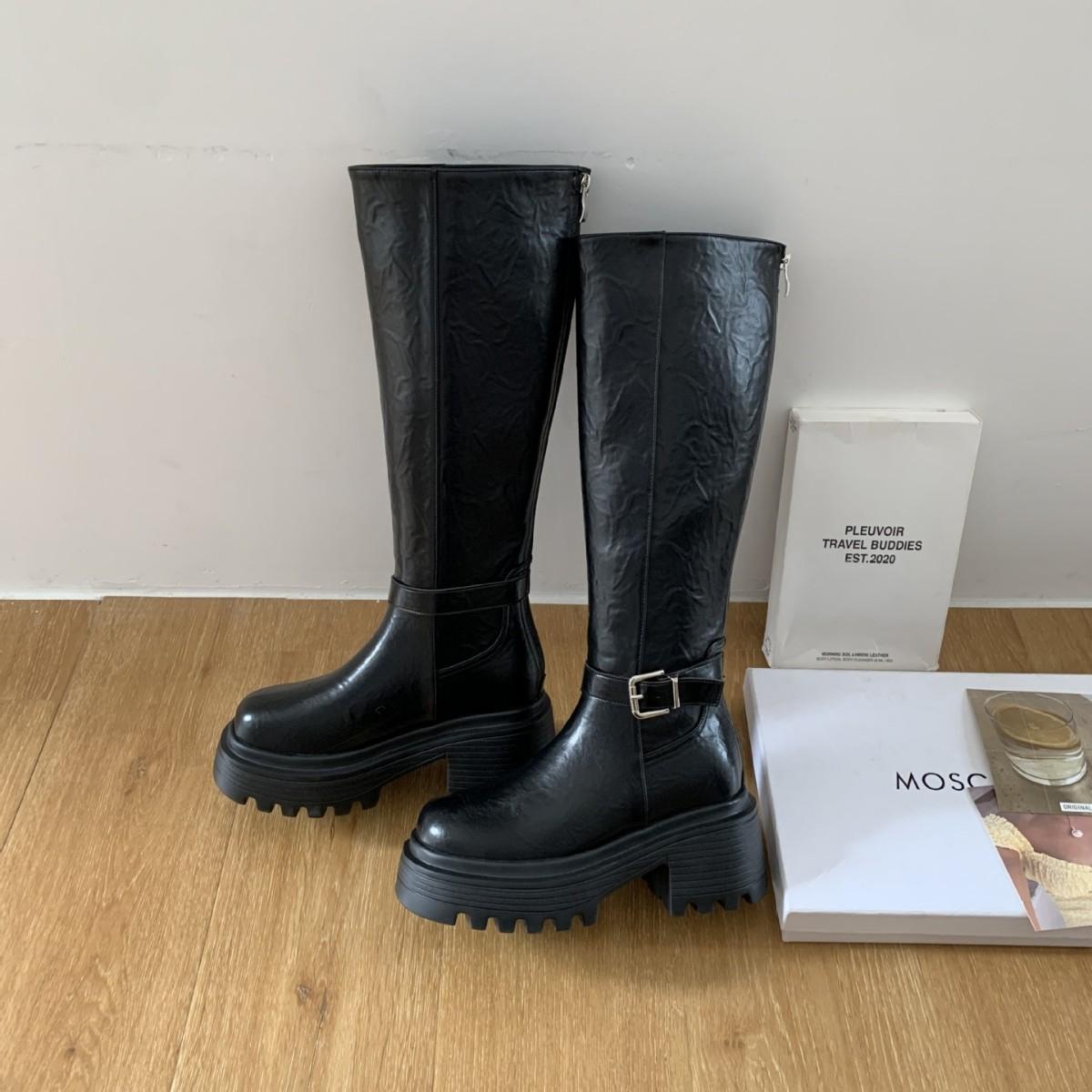 

2025 new tall but knee straight knight thick high heel back zipper fashion women s boots 39 чёрный