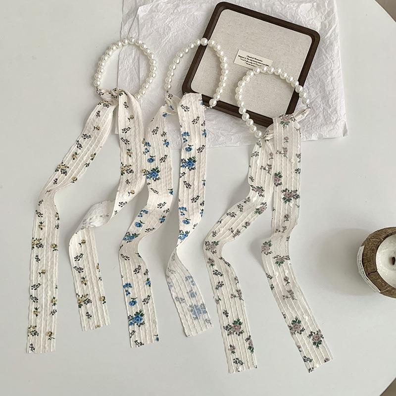 Silk Scarf Long Strip High-end Floral Pearl Necklace Small Scarf Streamer Hair Rope Silk Scarf Bag Winding Floral Headscarf
