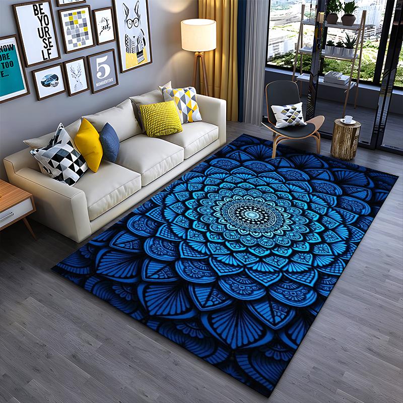 Area Rug, Mandala Flower Blue Dark Zentangle Pattern Print, Living Room Decor, Non-Slip Mat