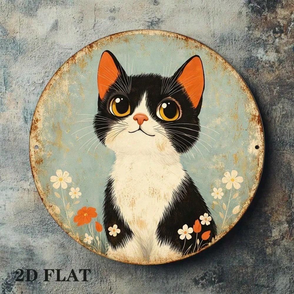 Vintage Black White Cat Floral Round Tin Sign 8x8in Cute Aesthetic Wall Art For Cafe Bar Bedroom Home Decor