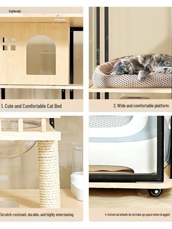 Transparent Three-Layer Luxury Indoor Cat Villa with Spacious Wood Design