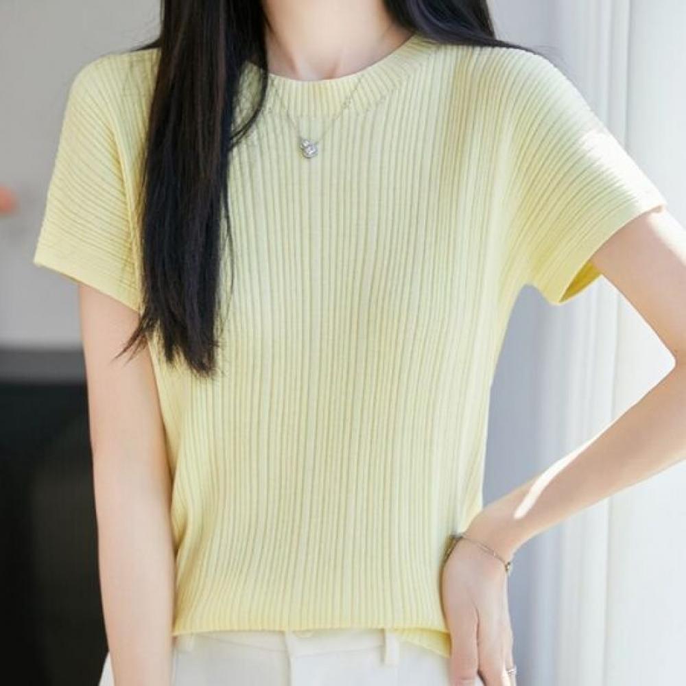 Navava Women Thin Ribbed Round Neck Short Sleeve Knit Tee Nk3718