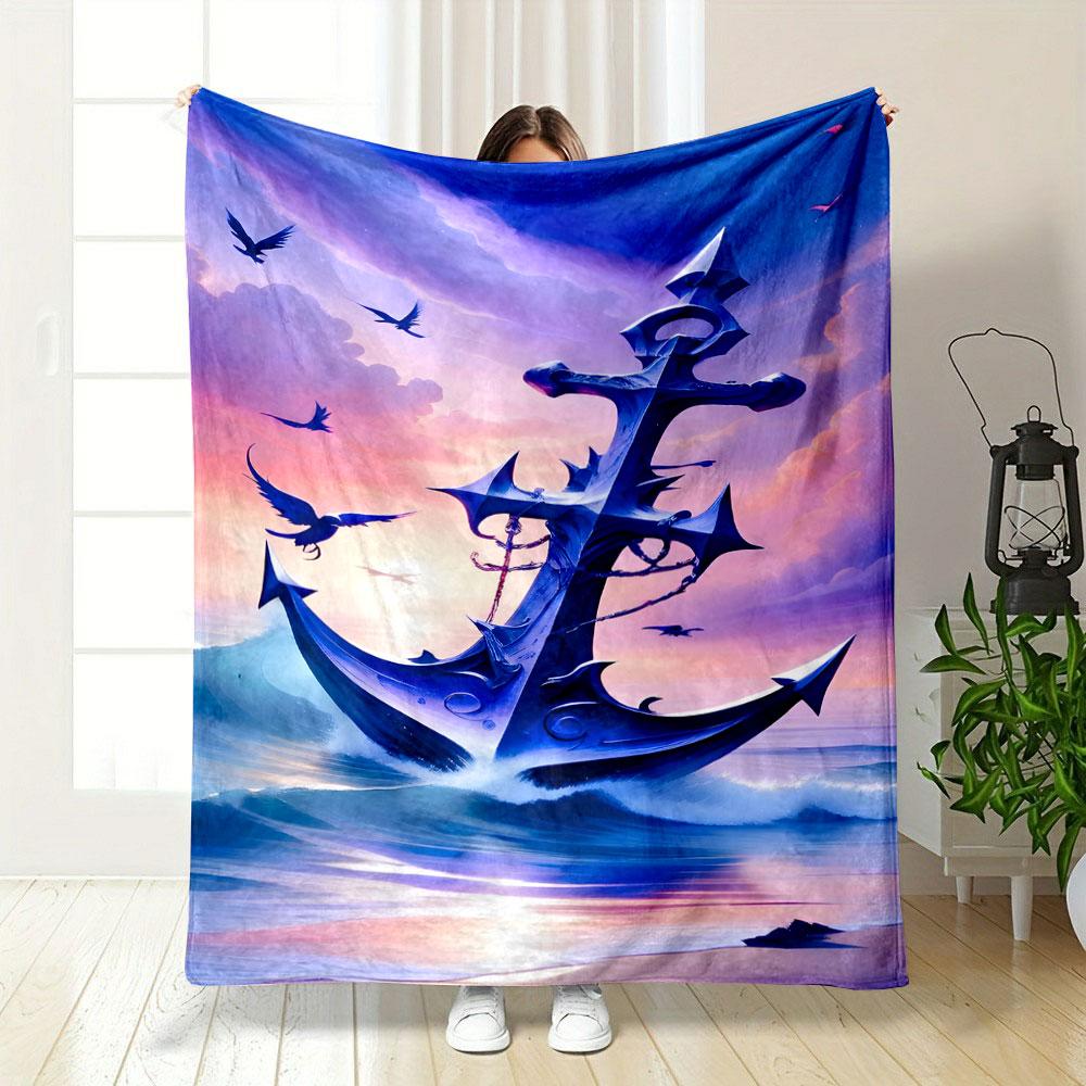 "Fantasy Anchor In Ocean Sunset" Patterned Blanket, Flannel, Suitable for All Seasons, Home Decor, Warm and Cozy