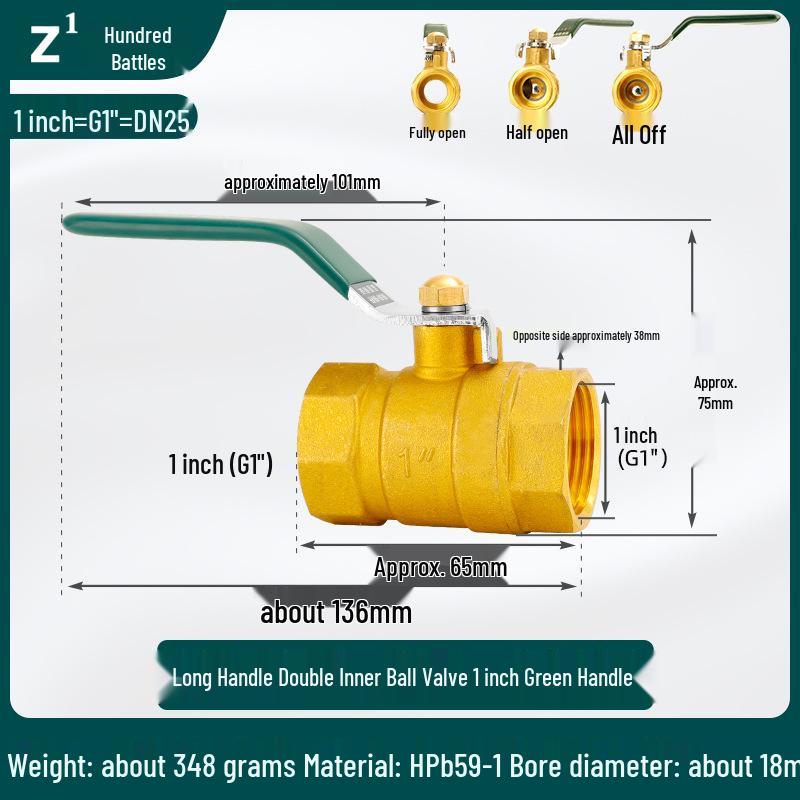 Brass Double Female Thread Ball Valve with Long Handle, Thickened for Water Heating, Available In Sizes: DN25, DN32, DN40, DN50.