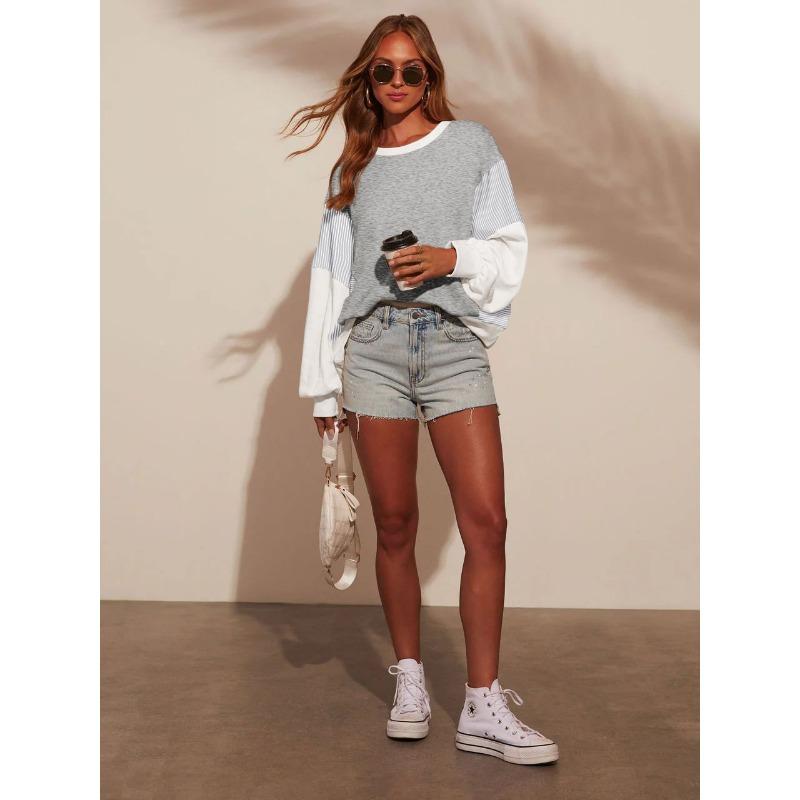 Wiosenno-jesienna damska bluza w dużych rozmiarach w paski z luźnym okrągłym dekoltem i długim rękawem