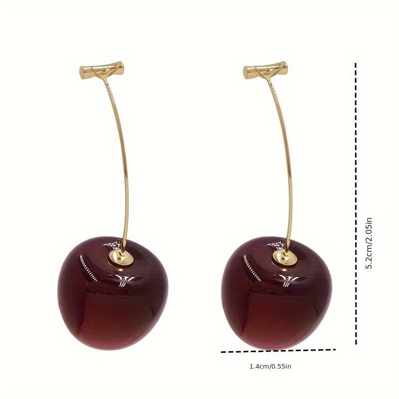 Elegant Vintage-Inspired Cherry Drop Earrings Long Stem, Resin Crafted with Golden Hook & Post, Cherry-Themed Design Versatile Jewelry