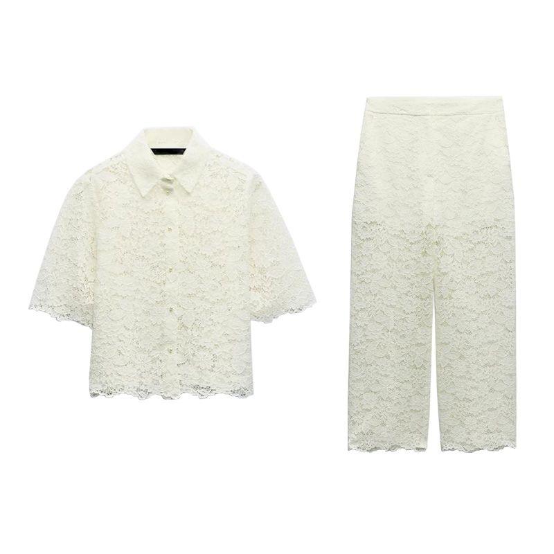 Spring New Lapel Short Sleeve Lace Short Top 3254490 High Waist Straight Ankle-length Pants 3278490