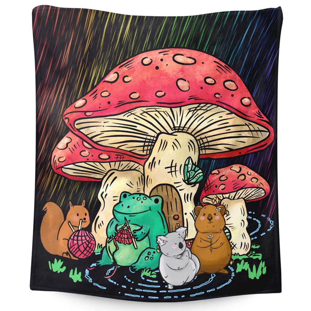 Cartoon Frog Mushroom Blanket Lovey Green Animal Flannel Throw Blankets for All Season Botanical Plush Soft Bed Sofa Blanket