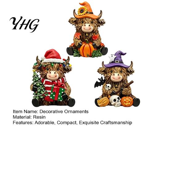 Housewarming Gift Ideas 3Pcs Highland Cow Figurine, Resin Yak Statues for Thanksgiving Christmas, Farmhouse Tabletop Ornaments Shelf Mantel Entryway,