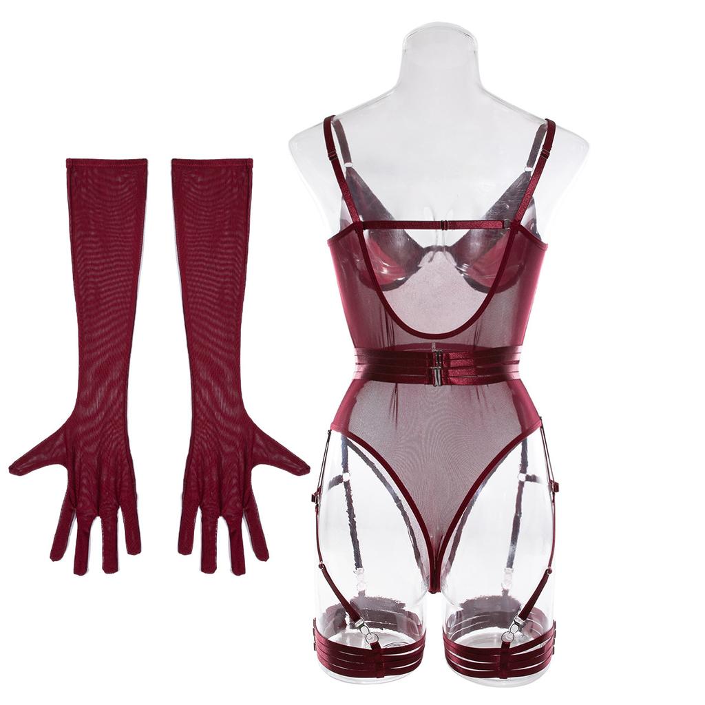 European and American Women Sexy Sheer See Through Bodysuit Patchwork Mesh Lingerie Shapewear with Straps and Gloves