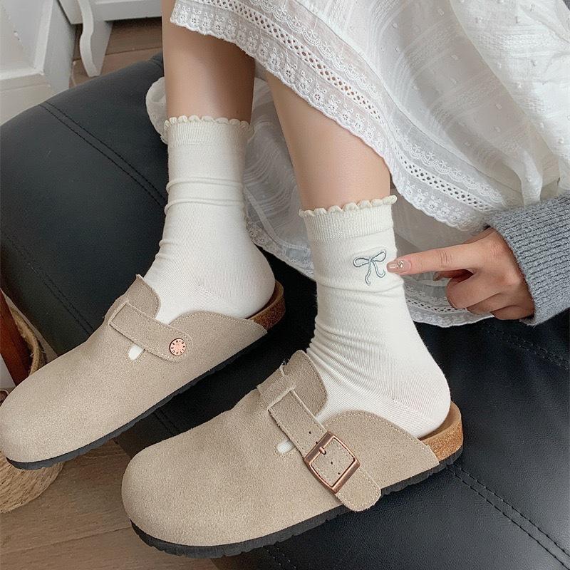 Women's Bubble Lace Embroidered Bow Socks Versatile and Trendy Mid-calf Cotton Socks Ballet Style